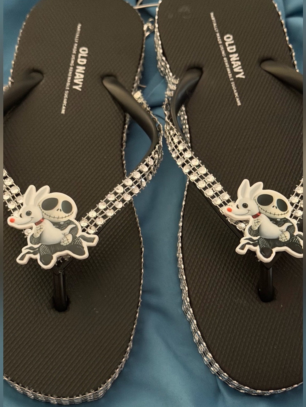 Black Rhinestone Flip Flops with Character Charm